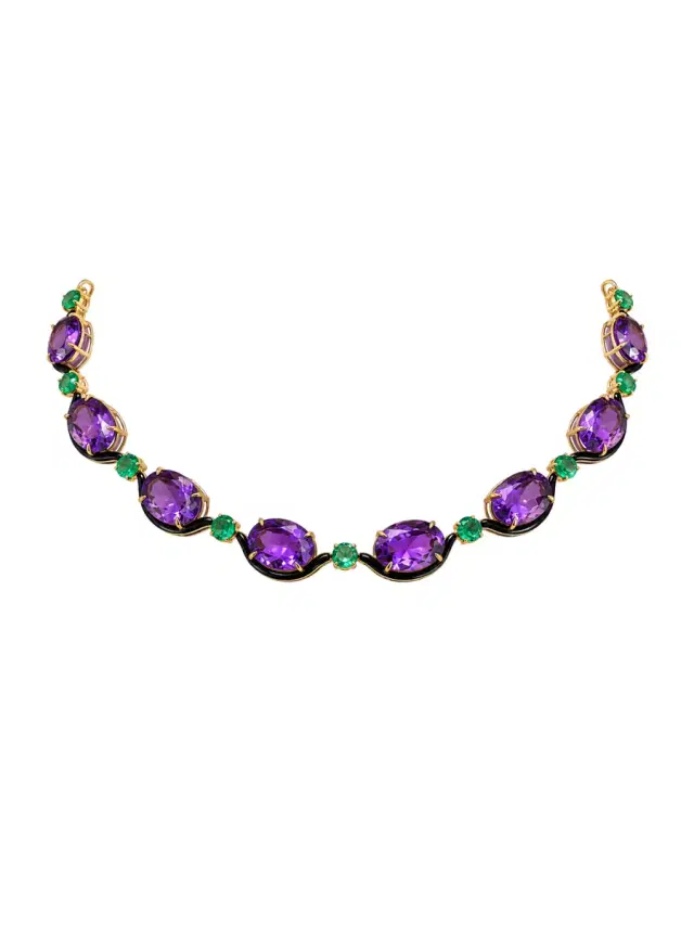 Wish Fine Jewelry 64.42ct Amethyst Emerald Onyx 18K Gold Stationed Necklace