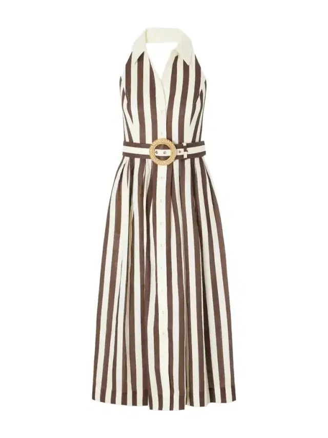 Quentin Belted Pleated Striped Cotton-poplin Halterneck Midi Dress