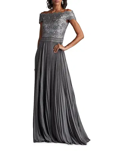 Tadashi Shoji Women's Sequin Corded Lace Pleated Chiffon Gown - Mist | Thumbnail 3 Tadashi Shoji Women's Sequin Corded Lace Pleated Chiffon Gown - Mist | Thumbnail 3