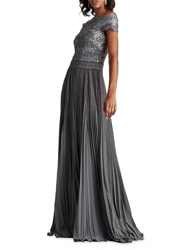 Tadashi Shoji Women's Sequin Corded Lace Pleated Chiffon Gown - Mist | Thumbnail 4 Tadashi Shoji Women's Sequin Corded Lace Pleated Chiffon Gown - Mist | Thumbnail 4