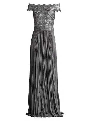 Tadashi Shoji Women's Sequin Corded Lace Pleated Chiffon Gown - Mist | Thumbnail 1 Tadashi Shoji Women's Sequin Corded Lace Pleated Chiffon Gown - Mist | Thumbnail 1
