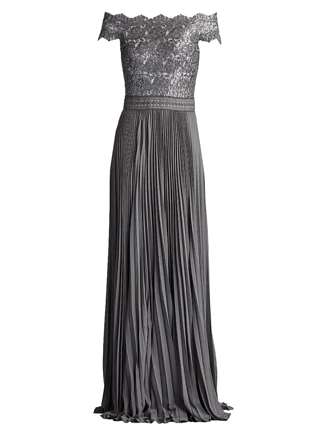Women's Sequin Corded Lace Pleated Chiffon Gown - Mist