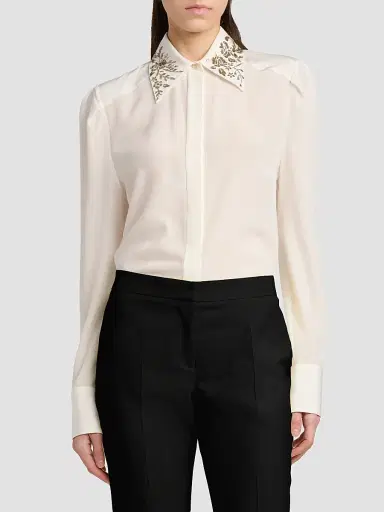 McQueen Women's Floral-Embellished Collar Silk Shirt - Light | Thumbnail 3