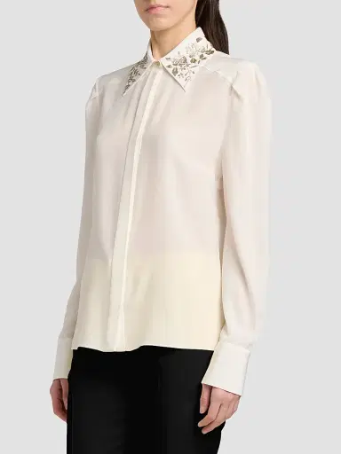 McQueen Women's Floral-Embellished Collar Silk Shirt - Light | Thumbnail 4
