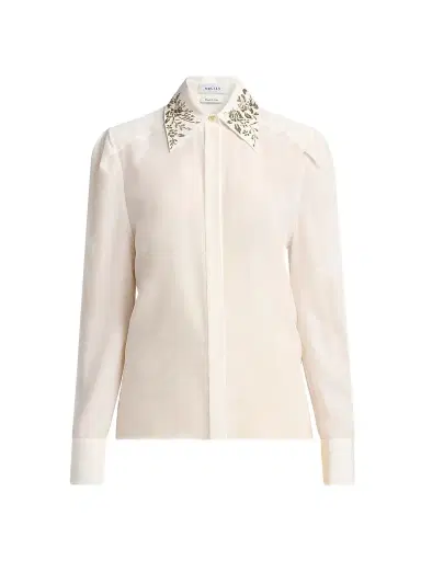 McQueen Women's Floral-Embellished Collar Silk Shirt - Light | Thumbnail 1