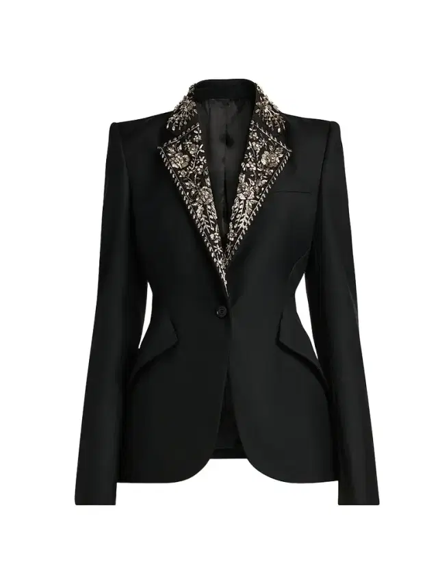 Women's Floral-Embellished Wool One-Button Blazer - Black