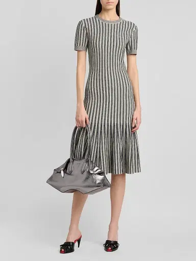 Alexander McQueen Women's Jacquard Striped Flounce Midi Dress - Ivory Navy - Size 10 | Thumbnail 2 Alexander McQueen Women's Jacquard Striped Flounce Midi Dress - Ivory Navy - Size 10 | Thumbnail 2