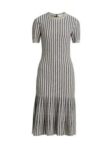 Alexander McQueen Women's Jacquard Striped Flounce Midi Dress - Ivory Navy - Size 10 | Thumbnail 1 Alexander McQueen Women's Jacquard Striped Flounce Midi Dress - Ivory Navy - Size 10 | Thumbnail 1