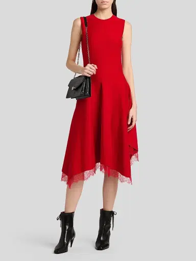 Alexander McQueen Women's Asymmetric Lace-Trim Midi Dress - Love Red - Size 12 | Thumbnail 2 Alexander McQueen Women's Asymmetric Lace-Trim Midi Dress - Love Red - Size 12 | Thumbnail 2