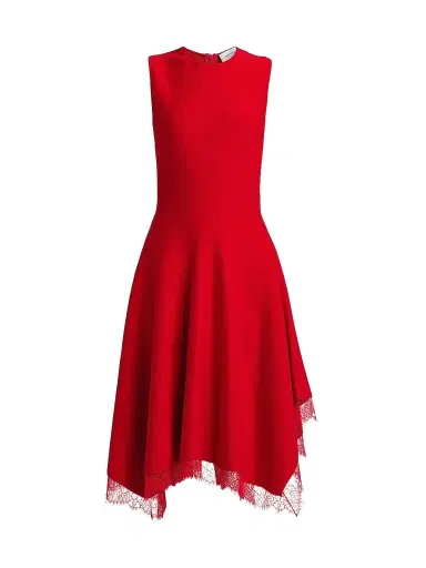 Alexander McQueen Women's Asymmetric Lace-Trim Midi Dress - Love Red - Size 12 | Thumbnail 1 Alexander McQueen Women's Asymmetric Lace-Trim Midi Dress - Love Red - Size 12 | Thumbnail 1