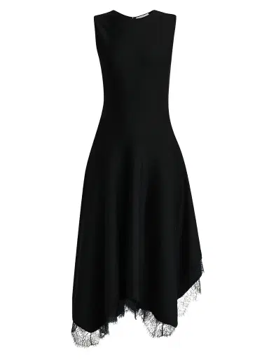 Alexander McQueen Women's Asymmetric Lace-Trim Midi Dress - Black - Size 12 | Thumbnail 1 Alexander McQueen Women's Asymmetric Lace-Trim Midi Dress - Black - Size 12 | Thumbnail 1