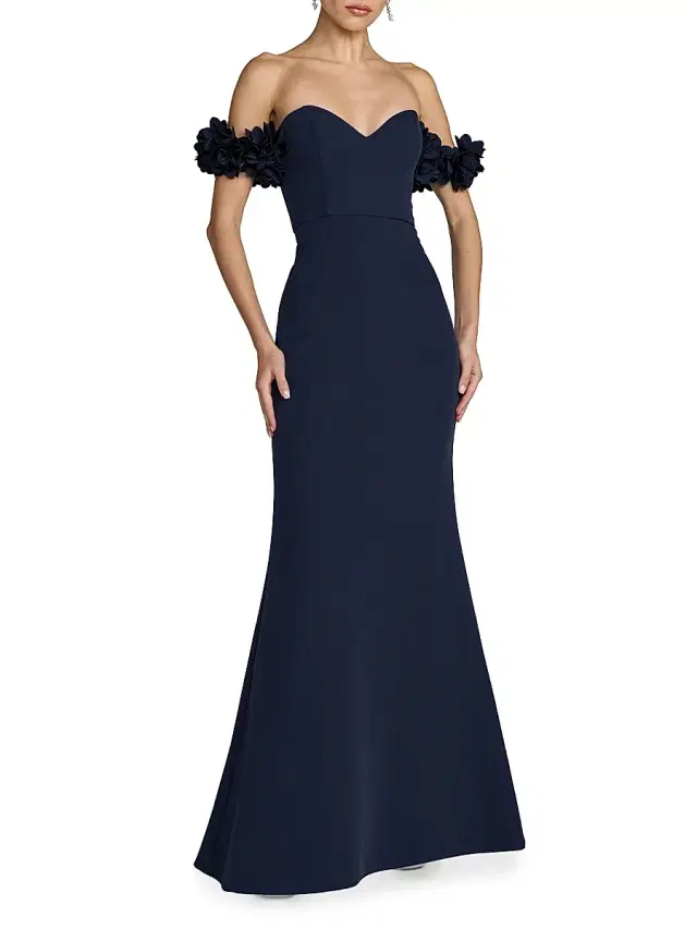 Women's Petite 3D Floral Crepe Off-the-Shoulder Mermaid Gown - Midnight
