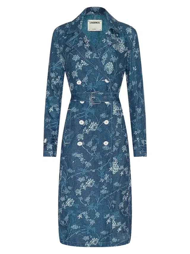 L'AGENCE Women's Bradley Floral Linen Trench Coat - Navy Floral Print