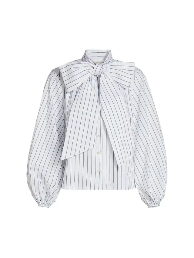 L'AGENCE Women's Deon Tie Neck Blouse - White Blue Stripe