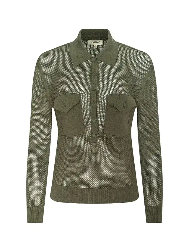 L'AGENCE Women's Carine Pointelle Spread Collar Sweater - Smokey Olive