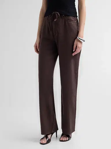 rag & bone Women's Featherweight Phoebe Drawstring Wide-Leg Jeans - Dark Brown Stone | Thumbnail 4