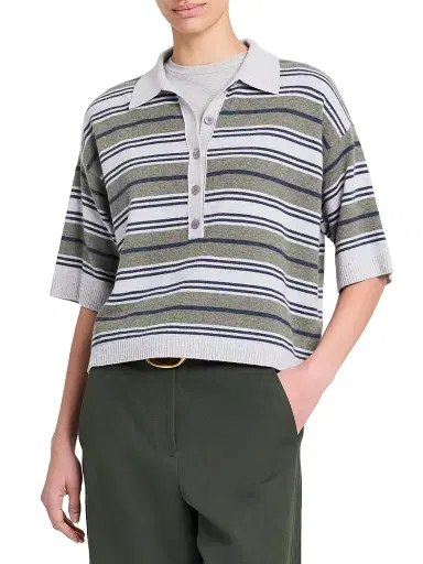 TWP Women's Striped Short-Sleeve Polo Shirt - Moss Night Sky Light | Thumbnail 3