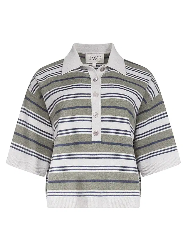 TWP Women's Striped Cashmere Polo Shirt - Moss Night Sky Light