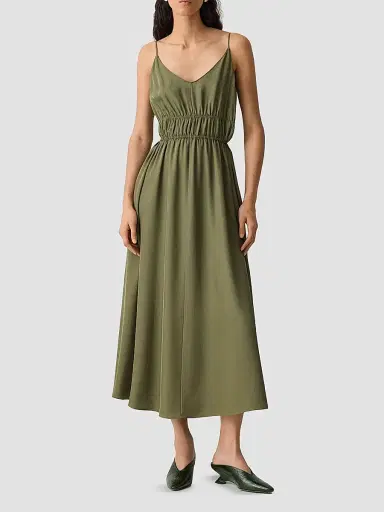 Theory Women's Gathered Tie-Waist Midi-Dress - Forest Moss - Size XL | Thumbnail 2 Theory Women's Gathered Tie-Waist Midi-Dress - Forest Moss - Size XL | Thumbnail 2
