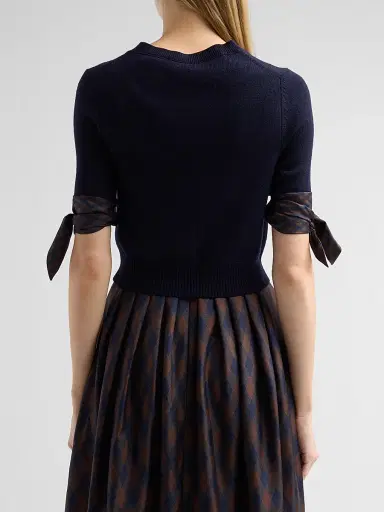 Oscar de la Renta Women's Argyle Tie-Detailed Wool Crop Cardigan - Navy - Size XL | Thumbnail 3