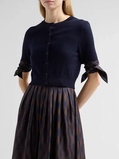 Oscar de la Renta Women's Argyle Tie-Detailed Wool Crop Cardigan - Navy - Size XL | Thumbnail 4