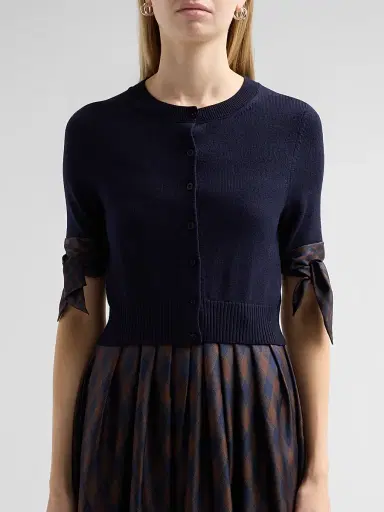 Oscar de la Renta Women's Argyle Tie-Detailed Wool Crop Cardigan - Navy - Size XL | Thumbnail 5