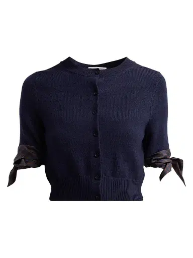 Oscar de la Renta Women's Argyle Tie-Detailed Wool Crop Cardigan - Navy - Size XL | Thumbnail 1