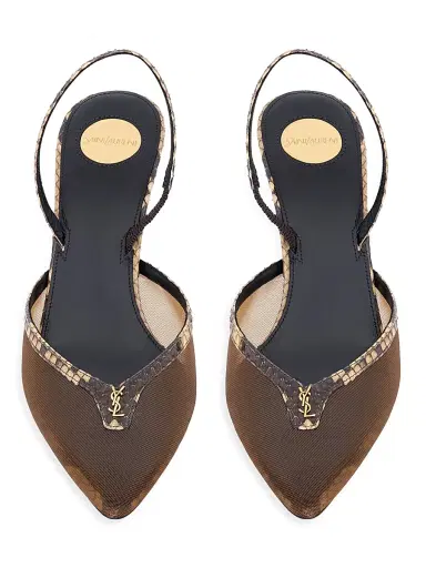 Saint Laurent Women's Folie Slingback Pumps in Mesh and Python - Sand | Thumbnail 3