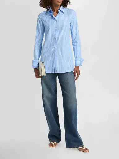 TOTEME Women's Striped Cotton Poplin Shirt - Blue White - Size 12 | Thumbnail 2