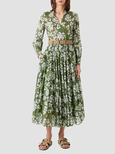 Akris punto Women's Floral Cotton Belted Midi Dress - Green Tea Cream Olive - Size 16 | Thumbnail 2