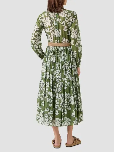 Akris punto Women's Floral Cotton Belted Midi Dress - Green Tea Cream Olive - Size 16 | Thumbnail 3