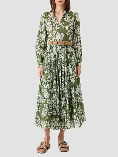 Akris punto Women's Floral Cotton Belted Midi Dress - Green Tea Cream Olive - Size 16 | Thumbnail 4