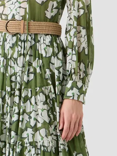 Akris punto Women's Floral Cotton Belted Midi Dress - Green Tea Cream Olive - Size 16 | Thumbnail 5