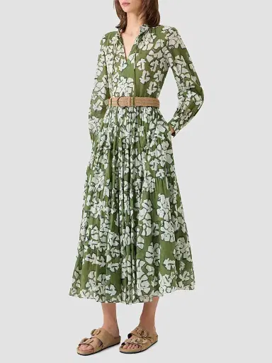 Akris punto Women's Floral Cotton Belted Midi Dress - Green Tea Cream Olive - Size 16 | Thumbnail 6