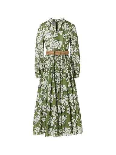 Akris punto Women's Floral Cotton Belted Midi Dress - Green Tea Cream Olive - Size 16 | Thumbnail 1