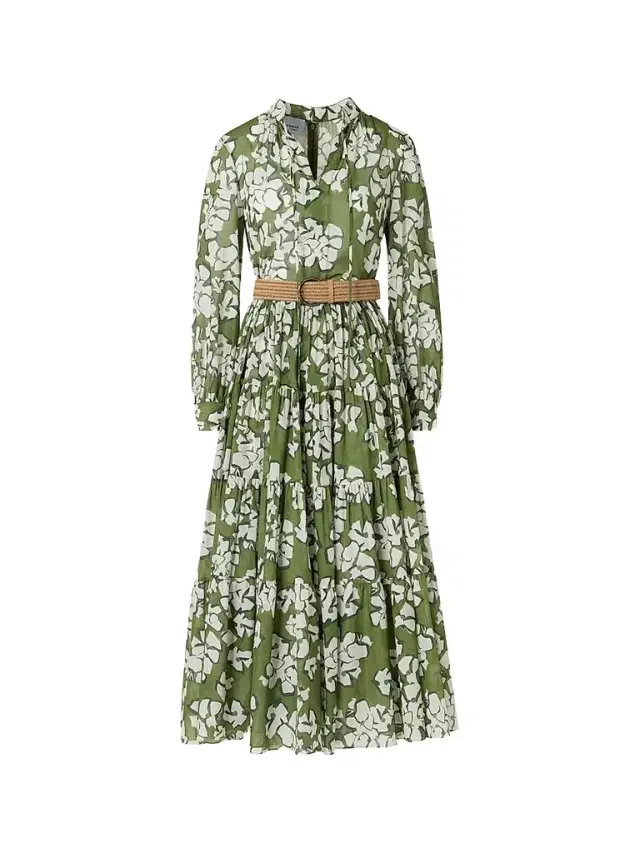 Women's Floral Cotton Belted Midi Dress - Green Tea Cream Olive
