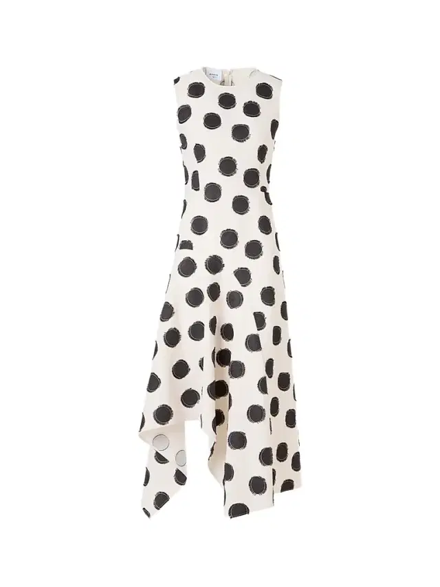 Women's Asymmetric Fringed Polka Dot Midi Dress - Cream Black