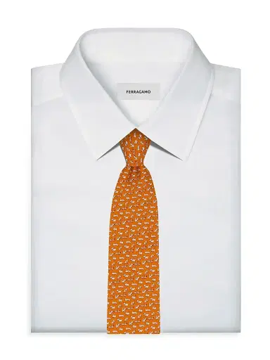 Ferragamo Men's Dogs Print Silk Tie - Arancio | Thumbnail 2