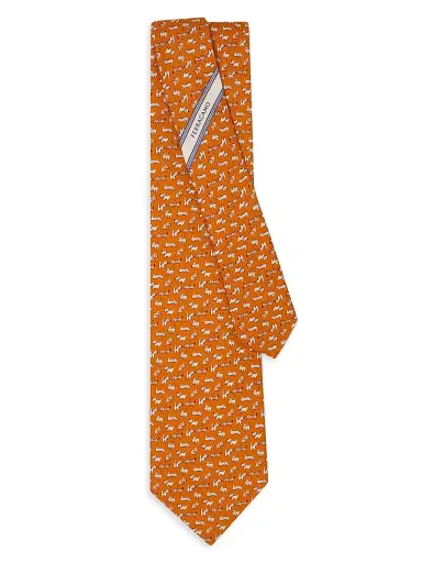 Ferragamo Men's Dogs Print Silk Tie - Arancio | Thumbnail 3