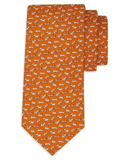 Ferragamo Men's Dogs Print Silk Tie - Arancio | Thumbnail 1