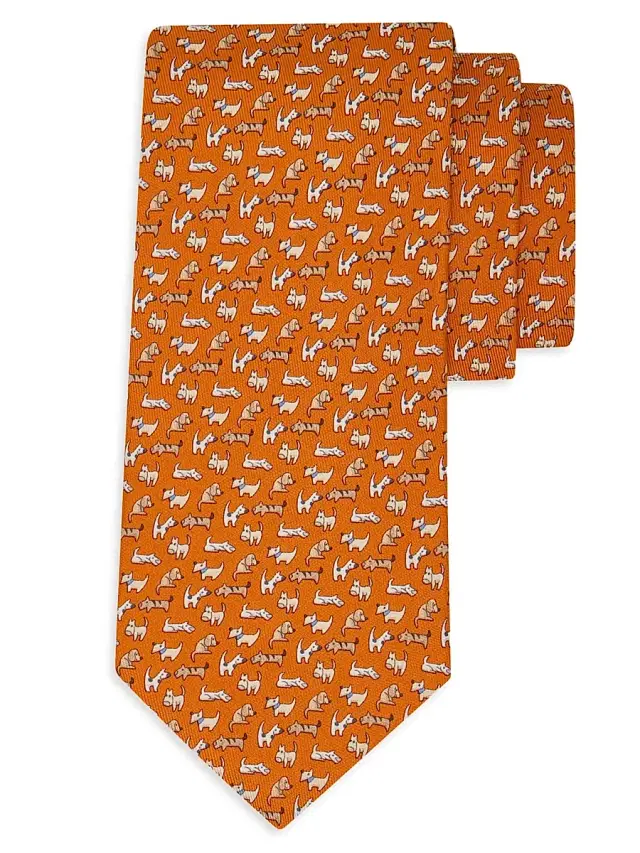 FERRAGAMO Men's Dogs Print Silk Tie - Arancio