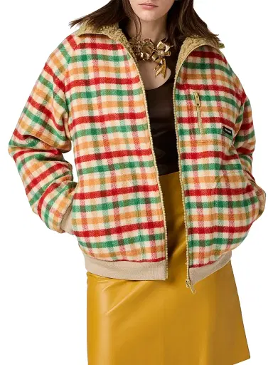 Miu Miu Women's Fleece-Lined Checked Blouson Jacket - Red - Size 0 | Thumbnail 3
