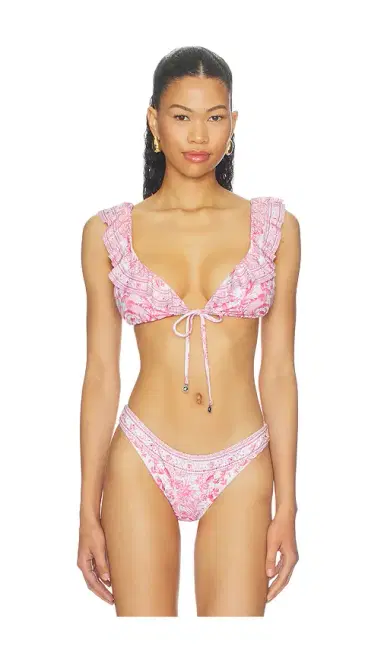 Camilla Tie Front Tri Bikini Top With Frill Neck | Thumbnail 1