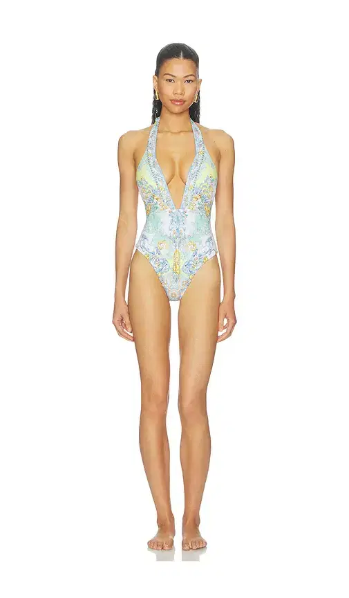 Camilla Plunge Halter One Piece With Bar Front Trim