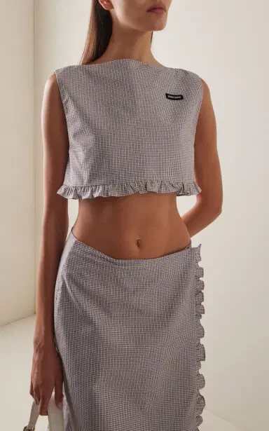Miu Miu Checkered Cropped Cotton Top | Thumbnail 2 Miu Miu Checkered Cropped Cotton Top | Thumbnail 2