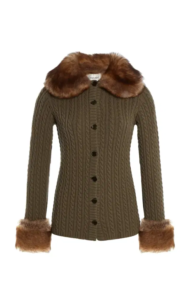 Saint Laurent Cashmere Cable Knit Cardigan with Fur Trim