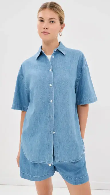 Another Tomorrow Chambray Short Sleeve Shirt Light Blue Wash L | Thumbnail 2