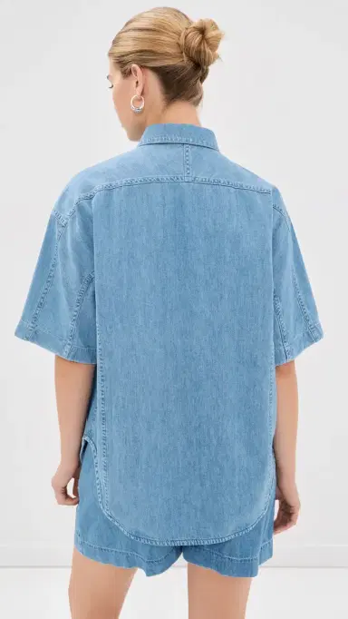 Another Tomorrow Chambray Short Sleeve Shirt Light Blue Wash L | Thumbnail 3