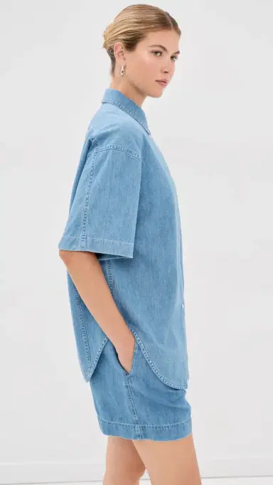 Another Tomorrow Chambray Short Sleeve Shirt Light Blue Wash L | Thumbnail 4