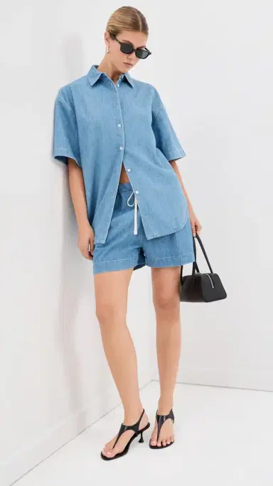 Another Tomorrow Chambray Short Sleeve Shirt Light Blue Wash L | Thumbnail 5